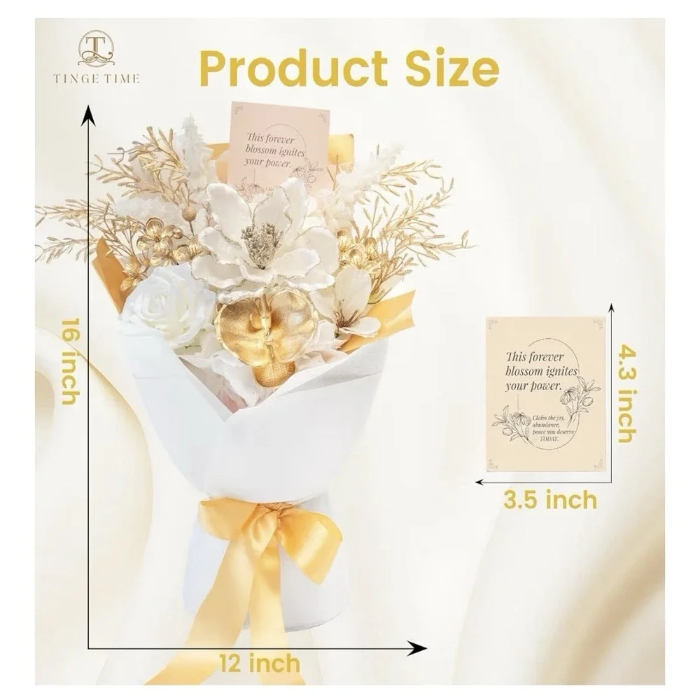 TINGE TIME preserved Flowers Bouquet Platinum Faux Rose White& Gold 16